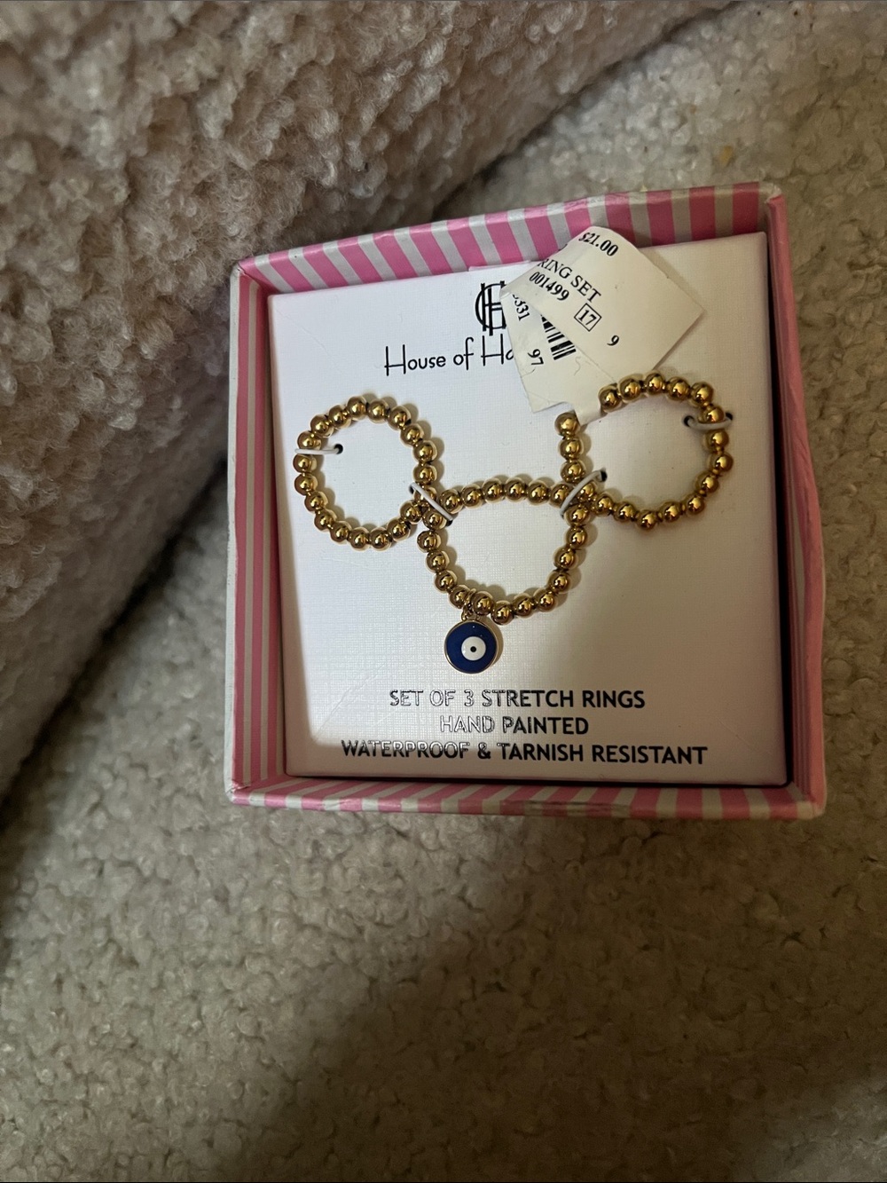 New House of Harlow 1960 Set of 3 Stretch Rings Hand Painted Evil Eye NWB